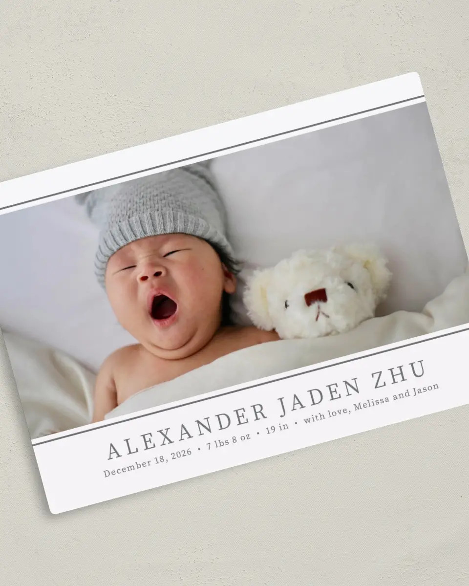 This is a 5" x 7" Birth Announcement Magnet called Fresh Debut printed in full color with Gold foil and a Luxe Satin finish