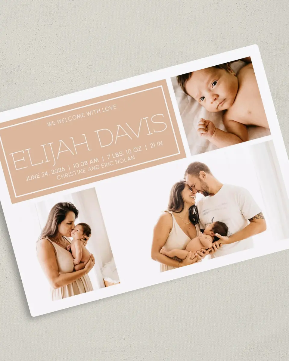 This is a 5" x 7" Birth Announcement Magnet called Warm Welcome printed in full color with Silver foil and a Luxe Satin finish