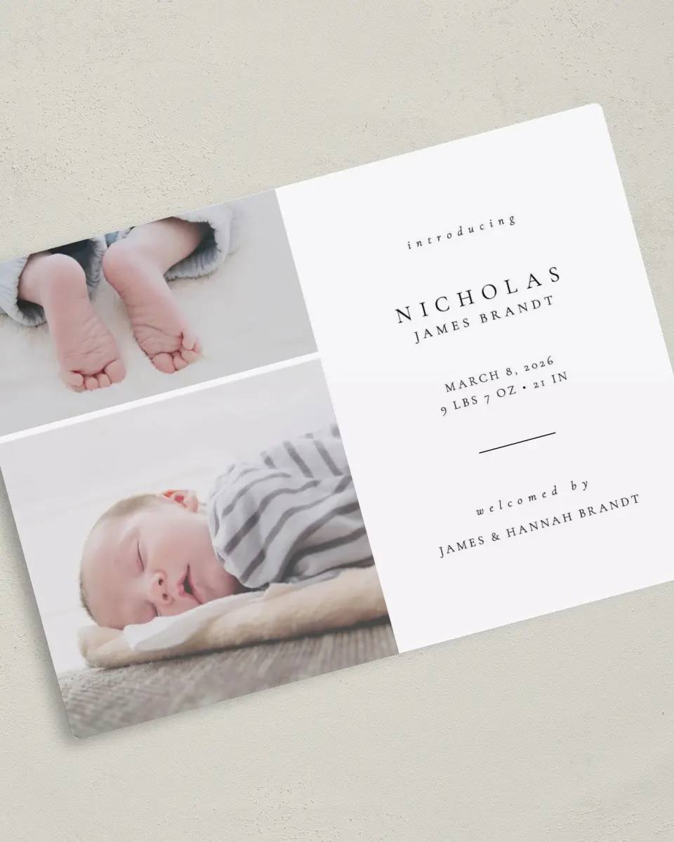 This is a 5" x 7" Birth Announcement Magnet called Our Newest Addition printed in full color with Rose Gold foil and a Luxe Satin finish