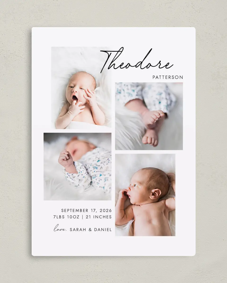 This is a 5" x 7" Birth Announcement Magnet called Precious Gallery printed in full color with Gold foil and a Luxe Satin finish