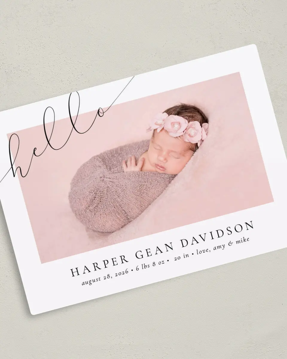This is a 5" x 7" Birth Announcement Magnet called Sweet Hello printed in full color with Gold foil and a Luxe Satin finish