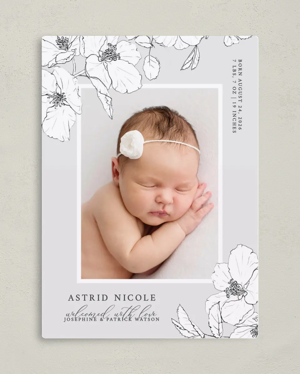 This is a 5" x 7" Birth Announcement Magnet called Baby Blossom printed in full color with Gold foil and a Luxe Satin finish