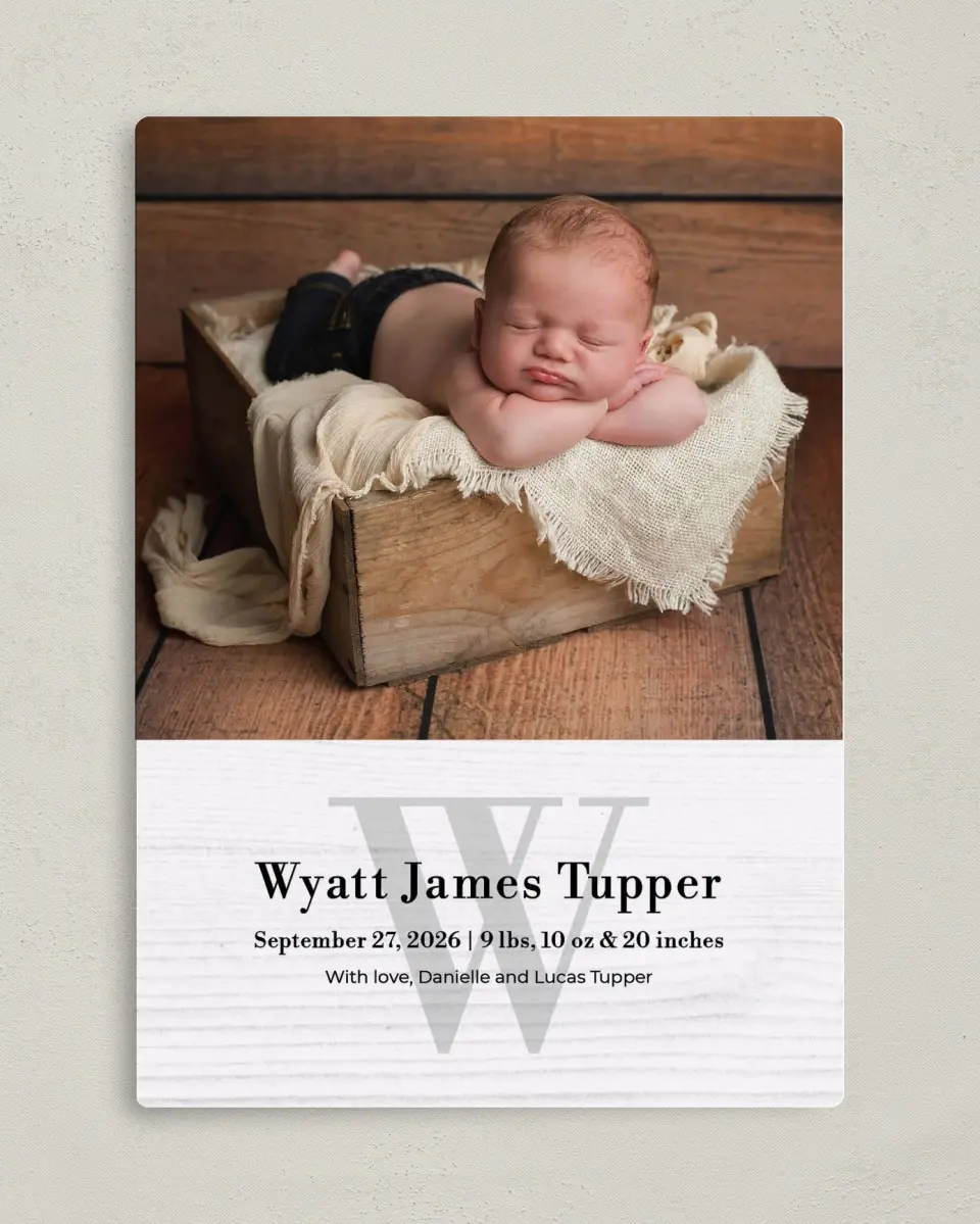 This is a 5" x 7" Birth Announcement Magnet called Rustic Welcome printed in full color with Silver foil and a Luxe Satin finish