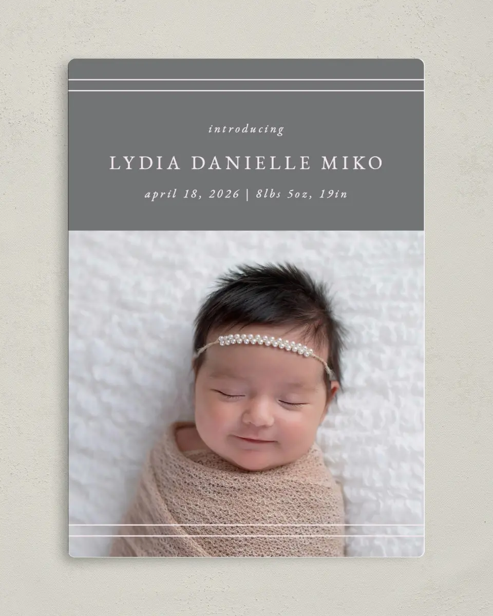 This is a 5" x 7" Birth Announcement Magnet called Simple Stripes printed in full color with Gold foil and a Luxe Satin finish