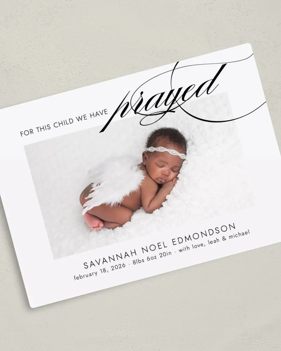 This is a 5" x 7" Birth Announcement Magnet called Answer to Prayer printed in full color with Gold foil and a Luxe Satin finish