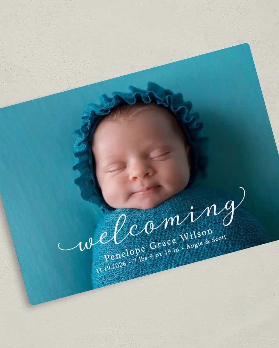 This is a 5" x 7" Birth Announcement Magnet called Darling Welcome printed in full color with Gold foil and a Luxe Satin finish