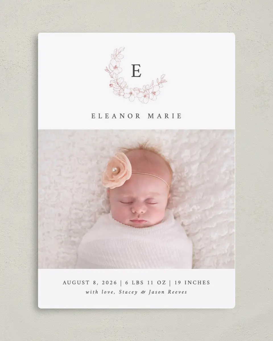 This is a 5" x 7" Birth Announcement Magnet called Delicate Wreath printed in full color with Gold foil and a Luxe Satin finish