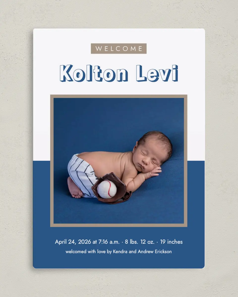 This is a 5" x 7" Birth Announcement Magnet called Welcome Block printed in full color with Gold foil and a Luxe Satin finish