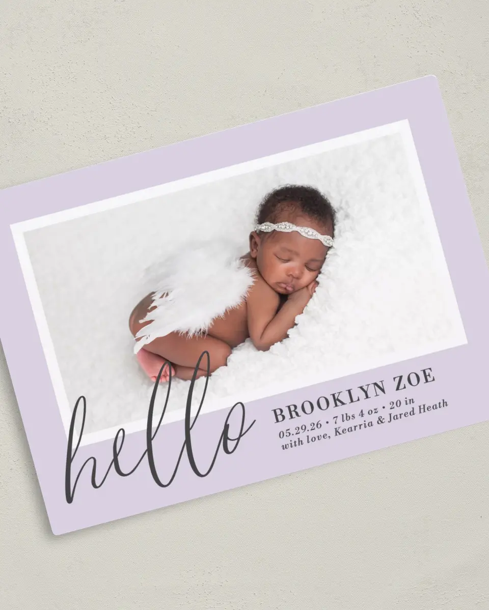 This is a 5" x 7" Birth Announcement Magnet called Chic Hello printed in full color with Gold foil and a Luxe Satin finish