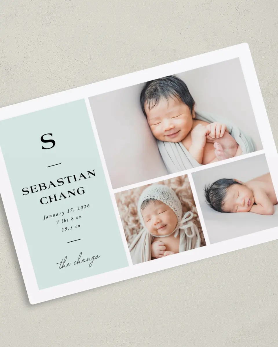 This is a 5" x 7" Birth Announcement Magnet called Simple Initial printed in full color with Gold foil and a Luxe Satin finish