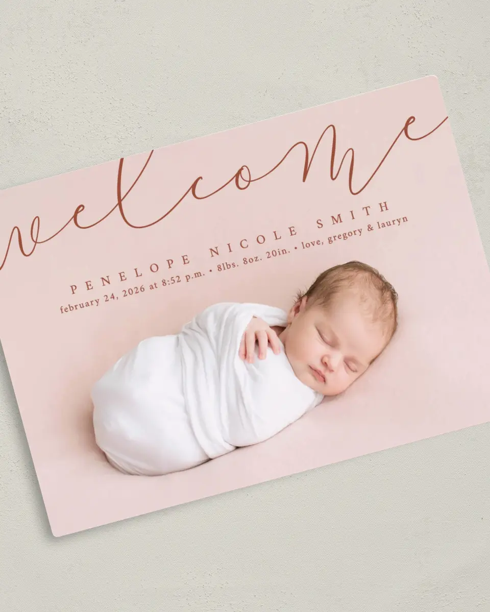 This is a 5" x 7" Birth Announcement Magnet called Blissful Welcome printed in full color with Gold foil and a Luxe Satin finish