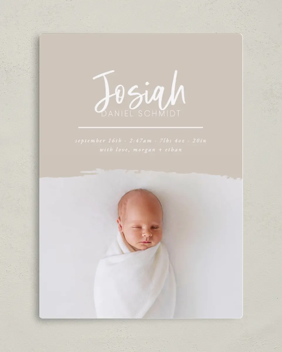This is a 5" x 7" Birth Announcement Magnet called Modern Brush printed in full color with Silver foil and a Luxe Satin finish