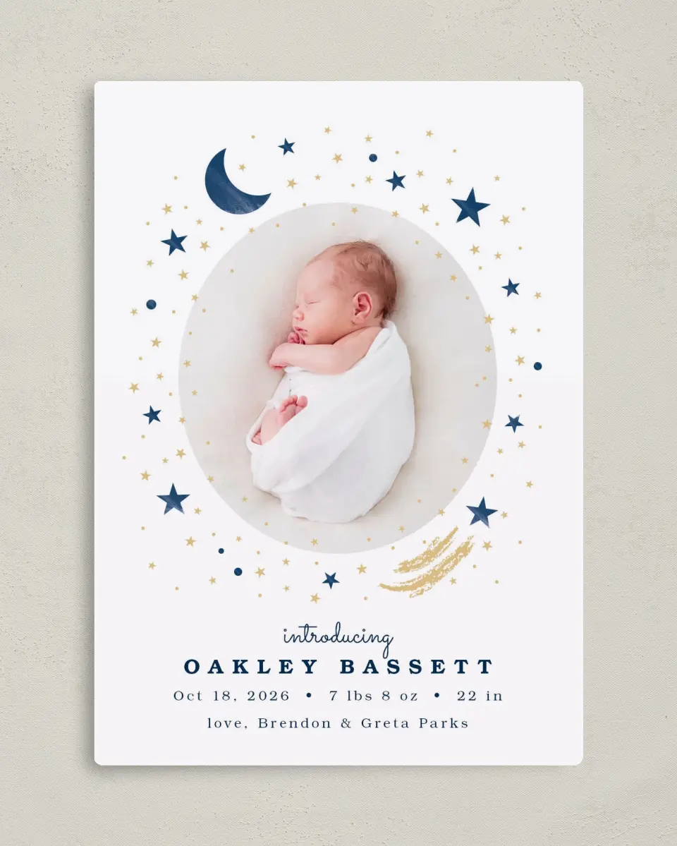 This is a 5" x 7" Birth Announcement Magnet called Moon and Stars printed in full color with Gold foil and a Luxe Satin finish