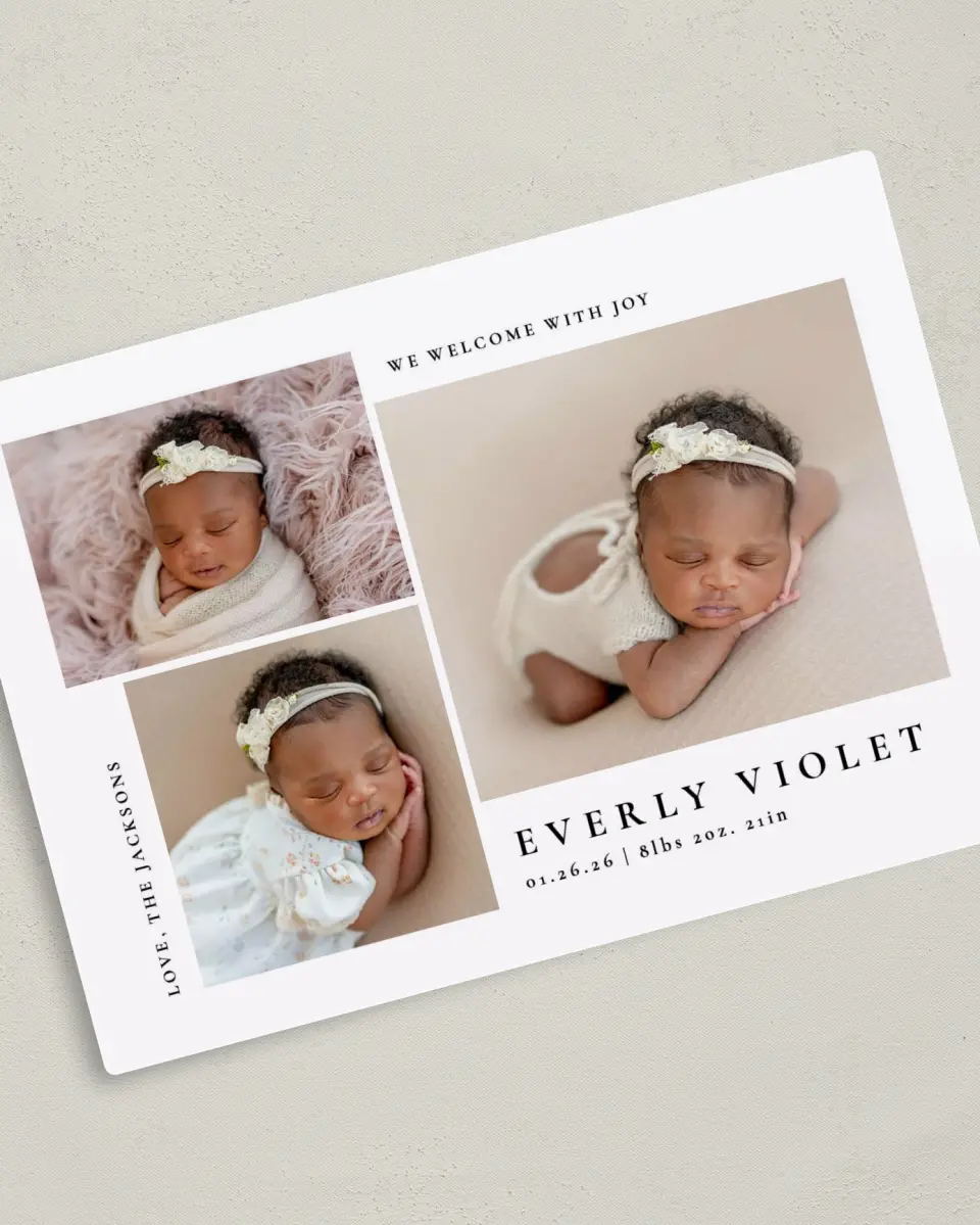 This is a 5" x 7" Birth Announcement Magnet called Treasured printed in full color with Rose Gold foil and a Luxe Satin finish