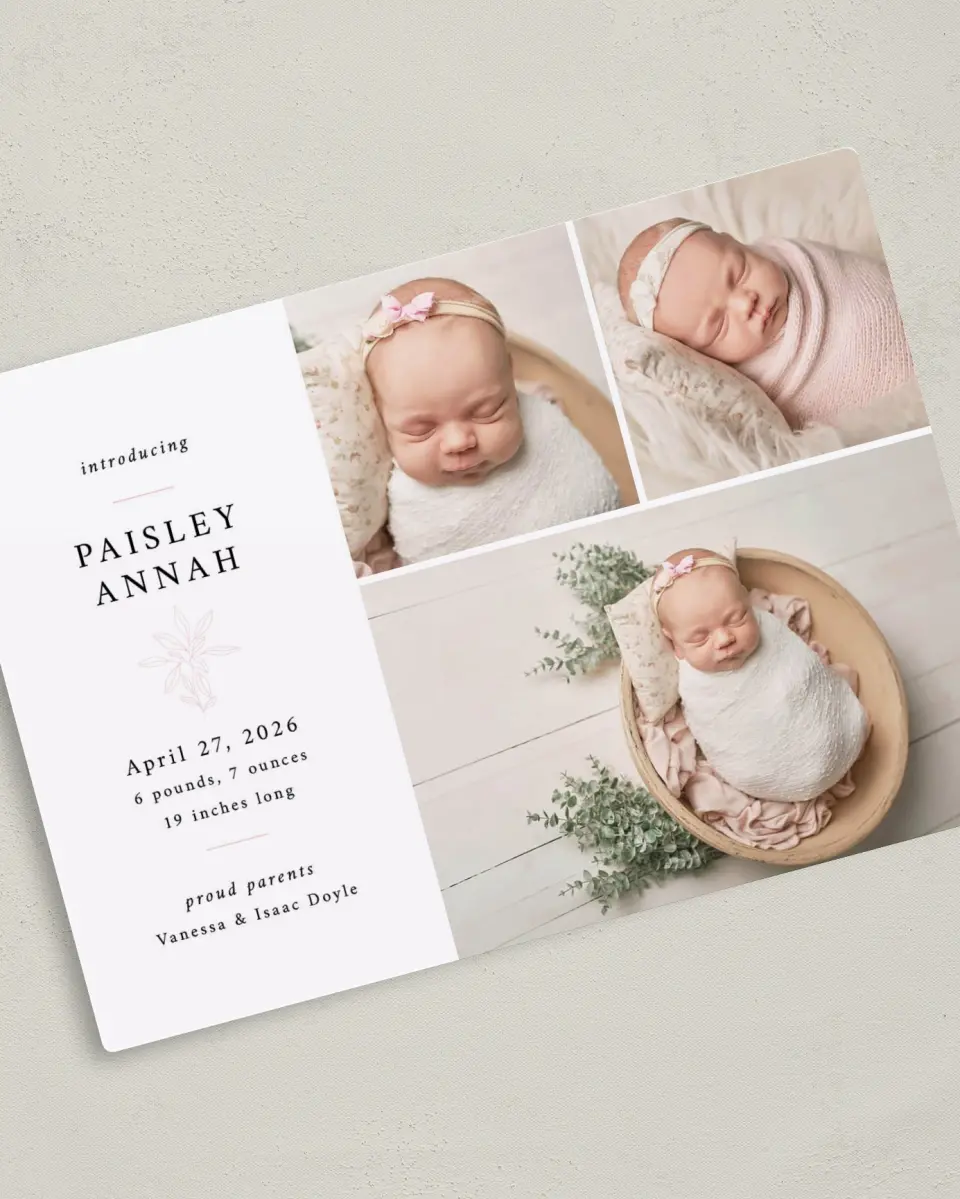 This is a 5" x 7" Birth Announcement Magnet called Dainty Darling printed in full color with Gold foil and a Luxe Satin finish