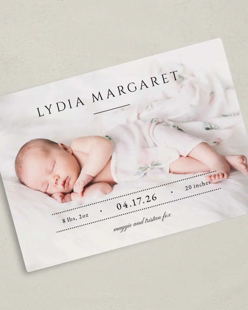 This is a 5" x 7" Birth Announcement Magnet called Tiny Treasure printed in full color with a Luxe Satin finish