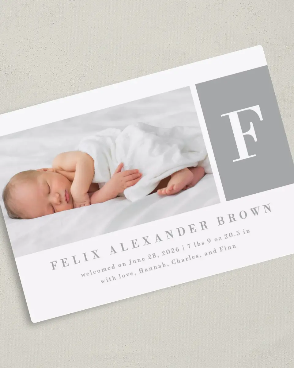 This is a 5" x 7" Birth Announcement Magnet called Minimal Monogram printed in full color with a Luxe Satin finish