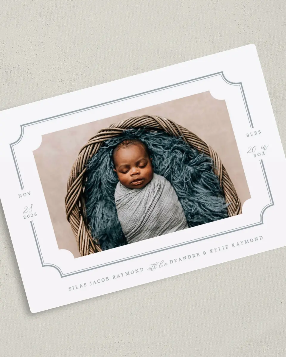 This is a 5" x 7" Birth Announcement Magnet called Elegant Border printed in full color with Gold foil and a Luxe Satin finish