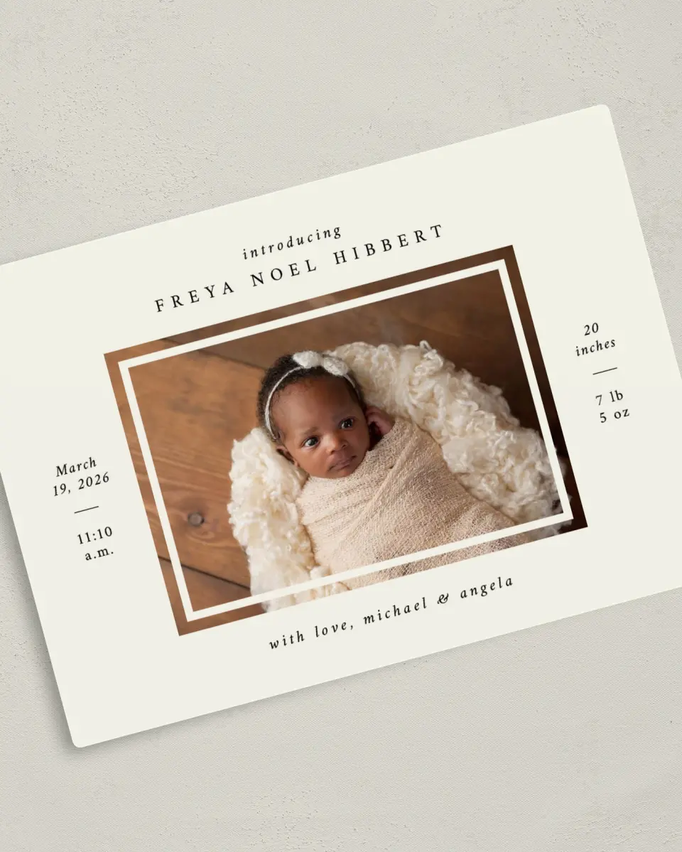 This is a 5" x 7" Birth Announcement Magnet called Simply Ours printed in full color with Gold foil and a Luxe Satin finish