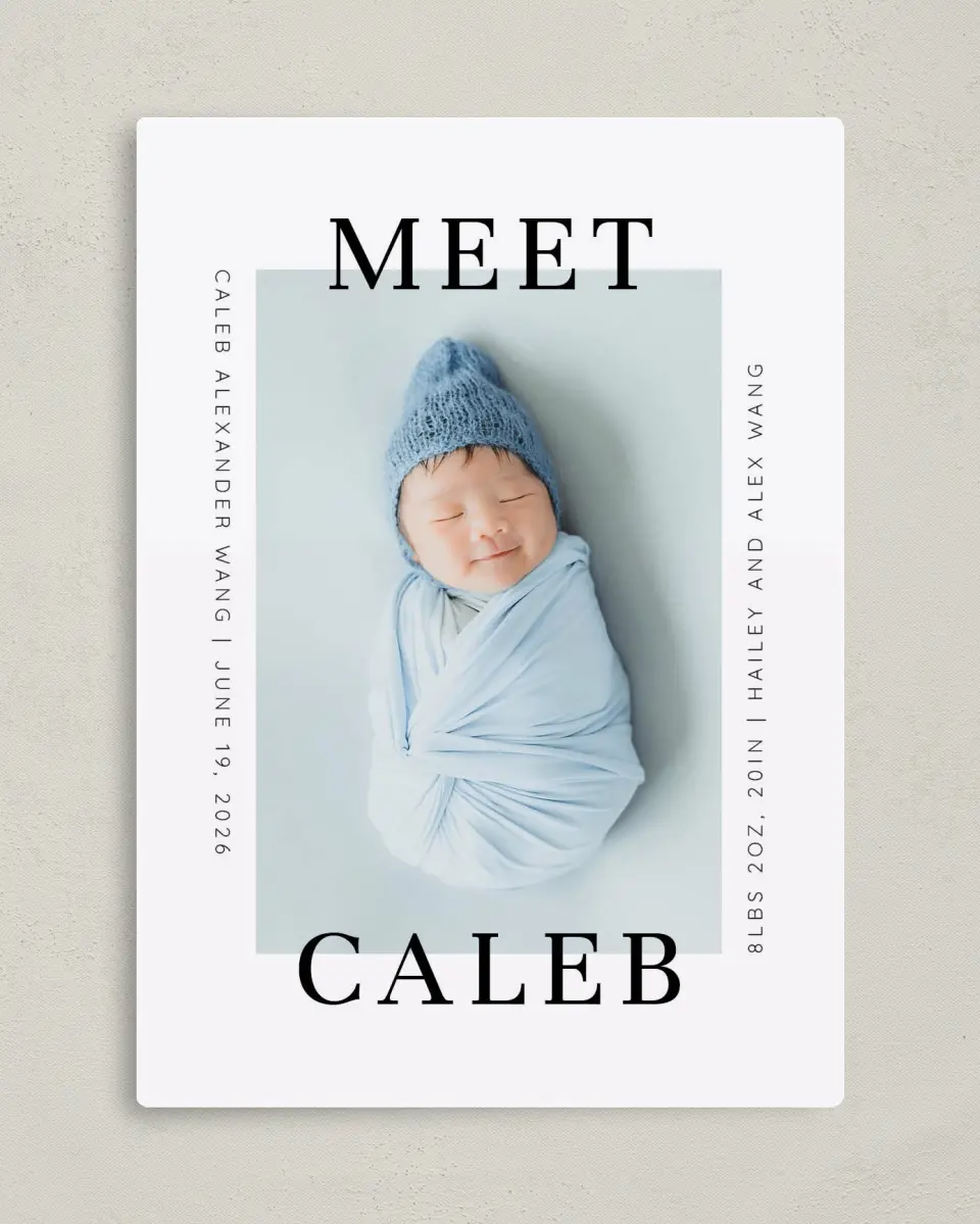 This is a 5" x 7" Birth Announcement Magnet called Modern Meeting printed in full color with Gold foil and a Luxe Satin finish