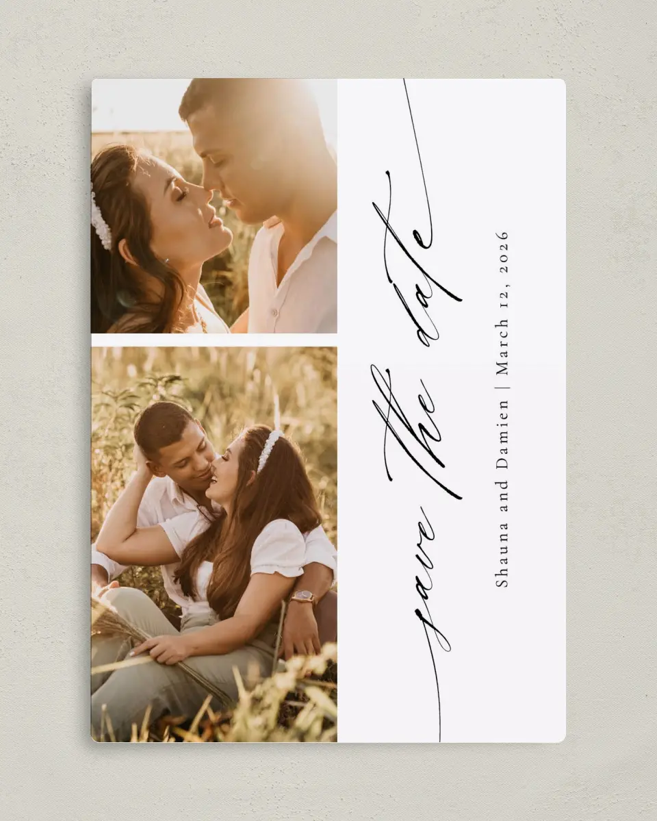 This is a 5" x 7" Save the Date Magnet called Special Script printed in full color with a Luxe Satin finish