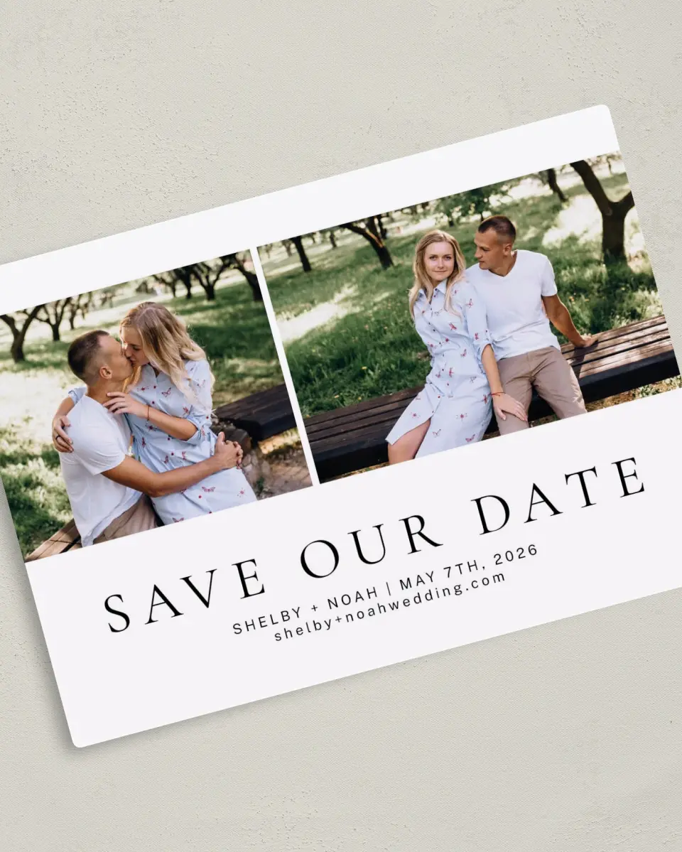 This is a 5" x 7" Save the Date Magnet called Grand Devotion printed in full color with a Luxe Satin finish