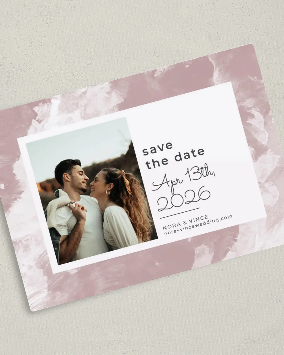 This is a 5" x 7" Save the Date Magnet called Painted Passion printed in full color with Silver foil and a Luxe Satin finish