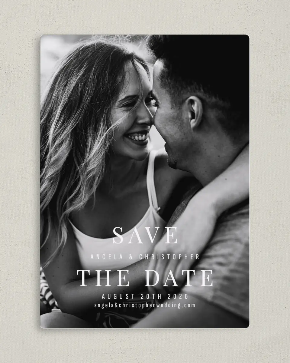 This is a 5" x 7" Save the Date Magnet called Lovely Memory printed in full color with a Luxe Satin finish