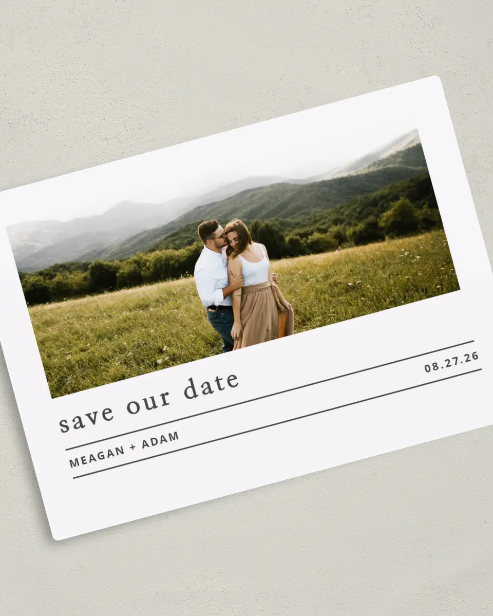 This is a 5" x 7" Save the Date Magnet called Clear Choice printed in full color with a Luxe Satin finish