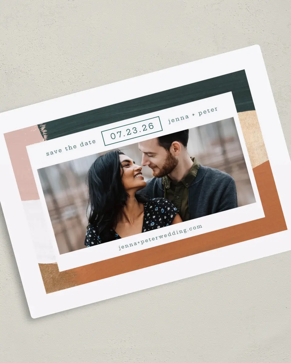 This is a 5" x 7" Save the Date Magnet called Tasteful Texture printed in full color with a Luxe Satin finish