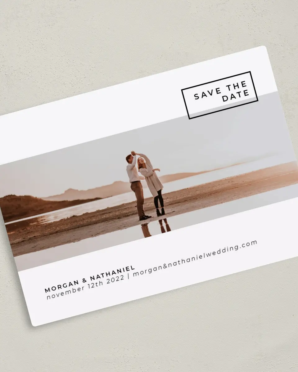 This is a 5" x 7" Save the Date Magnet called Passionate Panorama printed in full color with a Luxe Satin finish