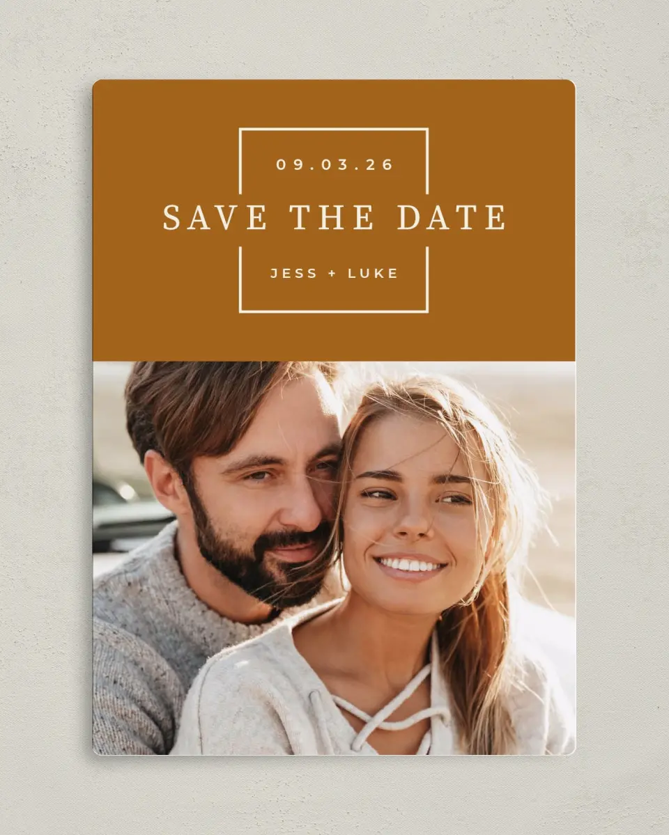 This is a 5" x 7" Save the Date Magnet called Sentimental Square printed in full color with Gold foil and a Luxe Satin finish