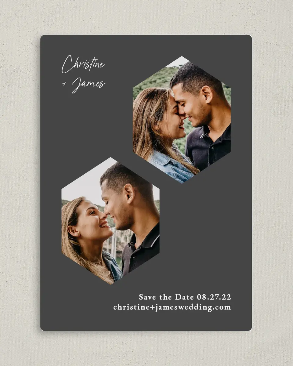 This is a 5" x 7" Save the Date Magnet called Hexagon Embrace printed in full color with a Luxe Satin finish