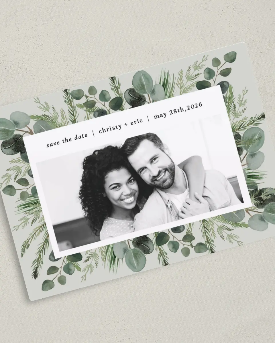 This is a 5" x 7" Save the Date Magnet called Laurel Squeeze printed in full color with a Luxe Satin finish