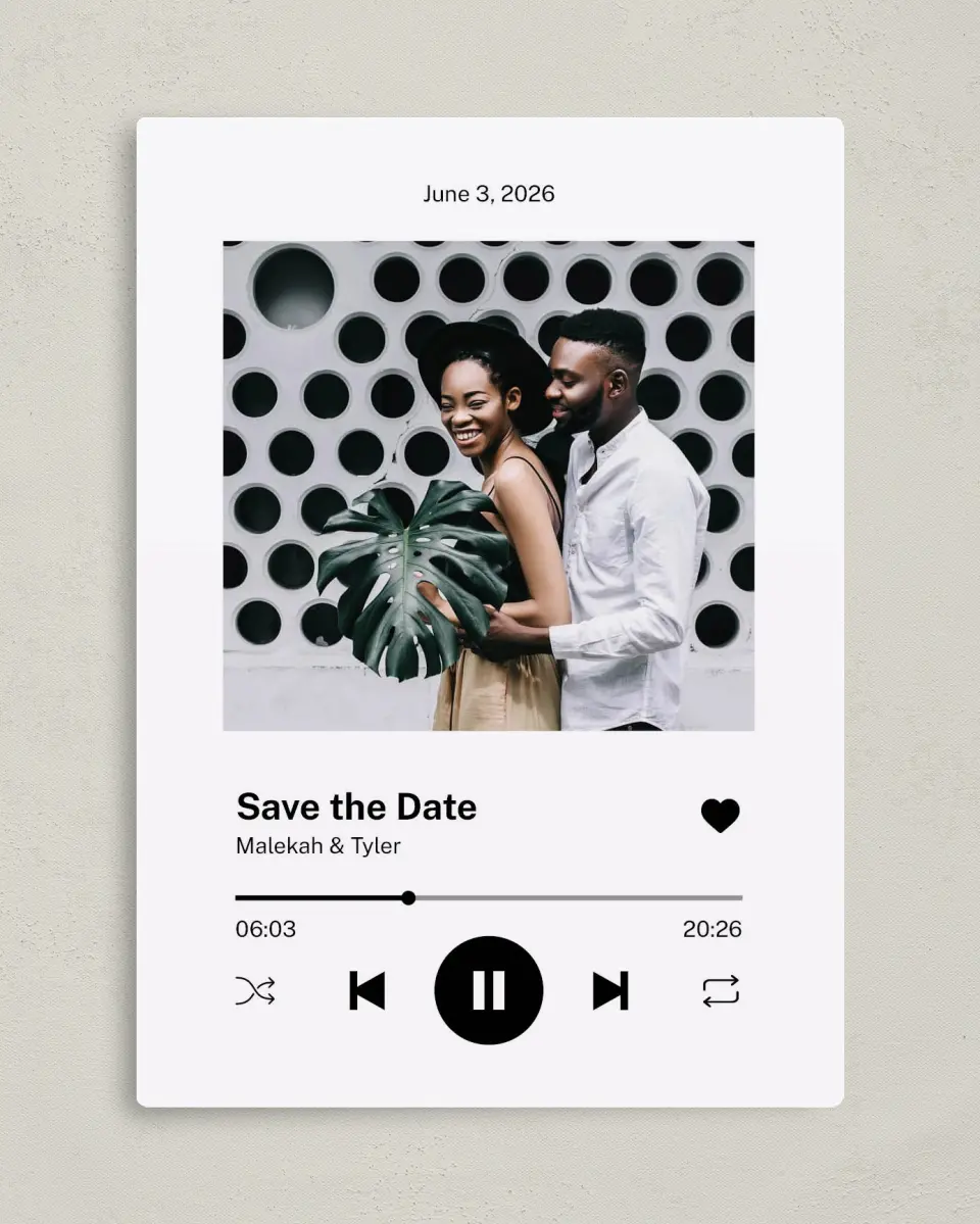 This is a 5" x 7" Save the Date Magnet called Our Song printed in full color with Silver foil and a Luxe Satin finish