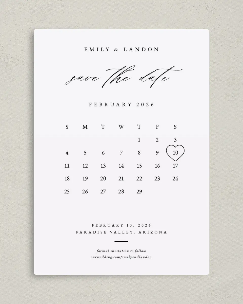 This is a 5" x 7" Save the Date Magnet called Lovely Calendar printed in full color with a Luxe Satin finish