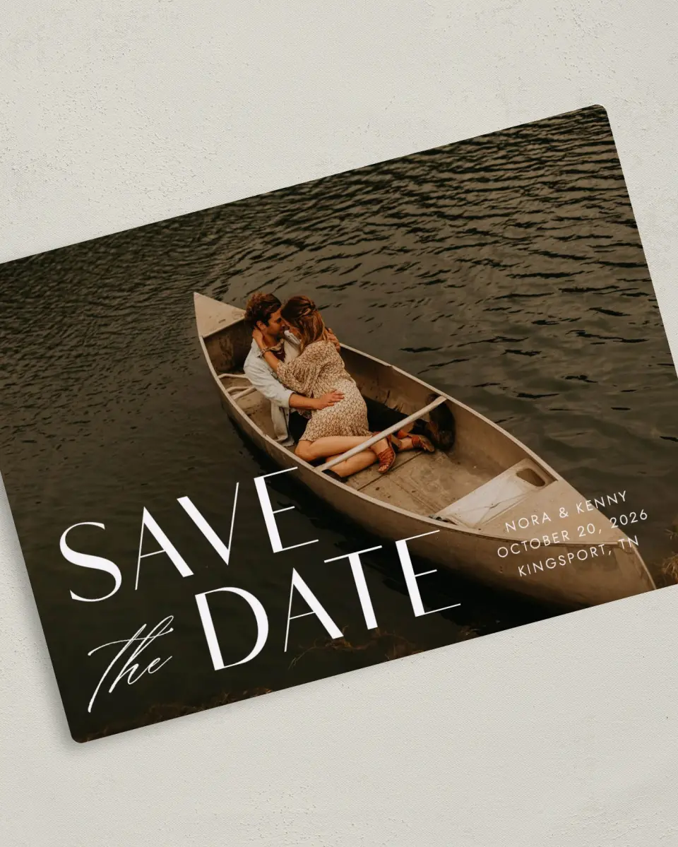 This is a 5" x 7" Save the Date Magnet called Luxe Love printed in full color with Silver foil and a Luxe Satin finish