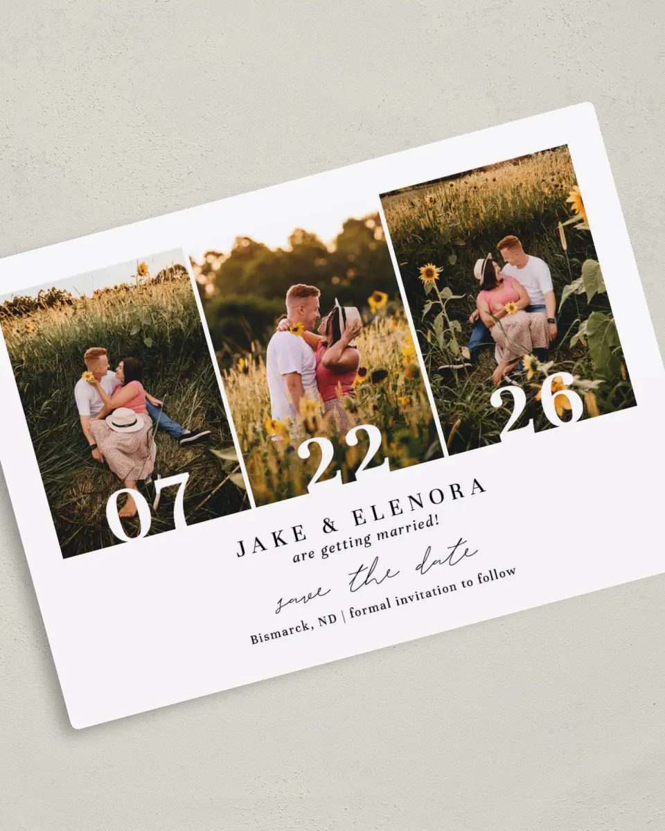 This is a 5" x 7" Save the Date Magnet called Sweetest Day printed in full color with Rose Gold foil and a Luxe Satin finish