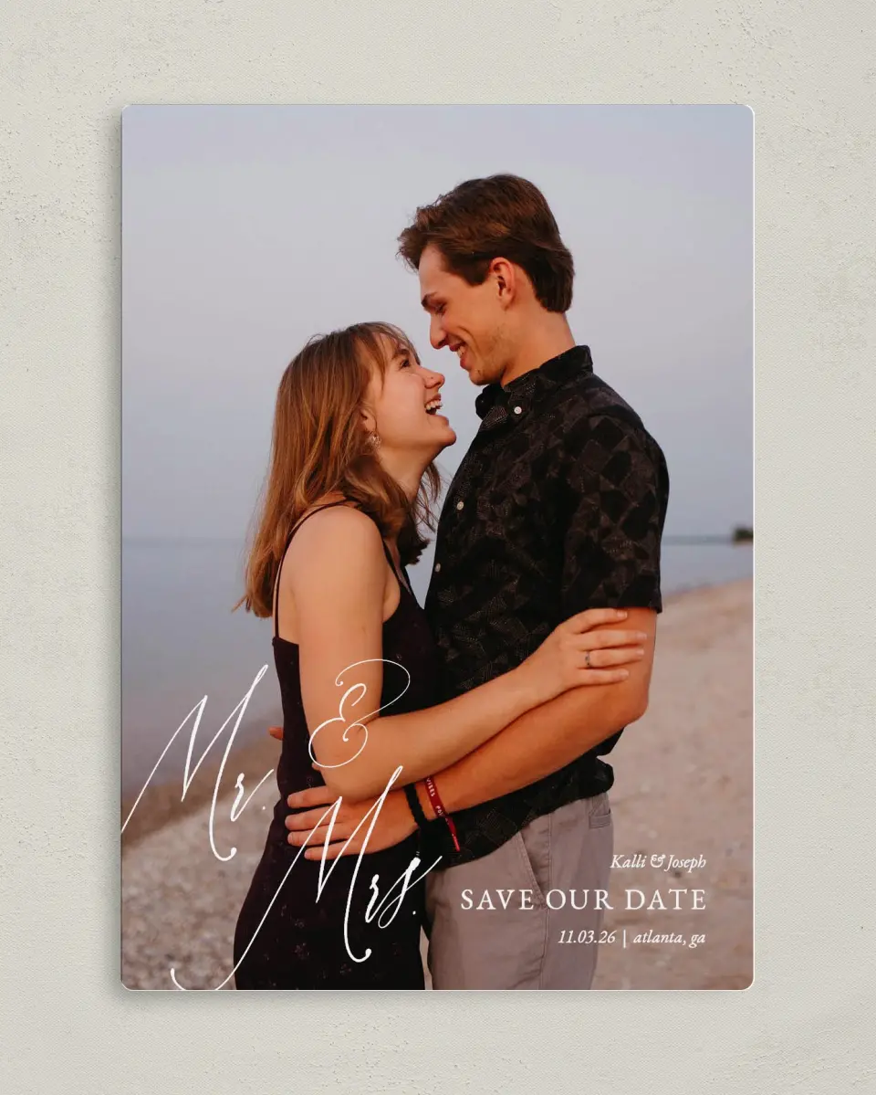 This is a 5" x 7" Save the Date Magnet called Future Mr. & Mrs. printed in full color with Silver foil and a Luxe Satin finish