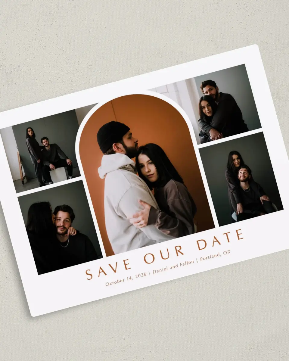 This is a 5" x 7" Save the Date Magnet called Arched Collage printed in full color with Silver foil and a Luxe Satin finish
