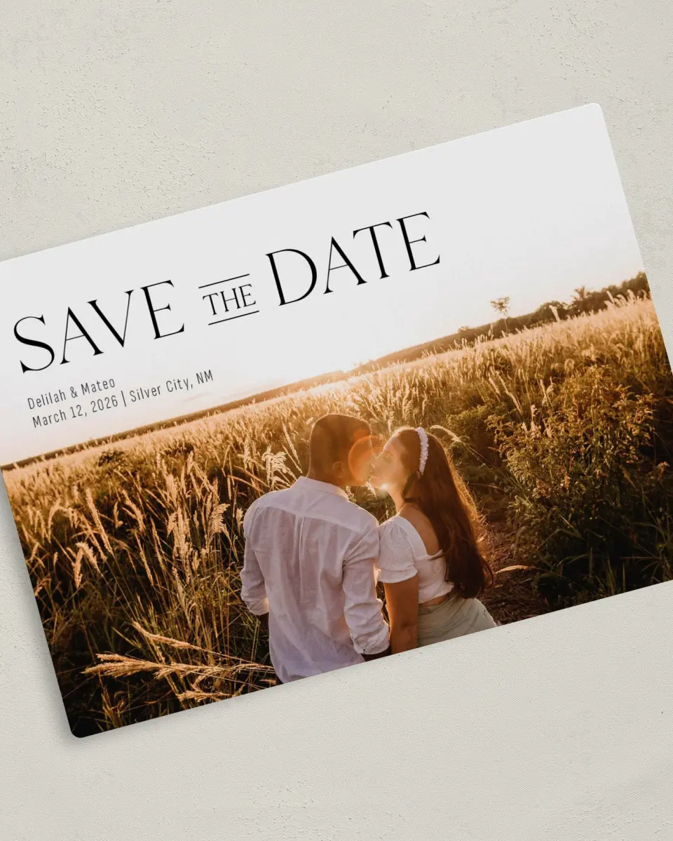 This is a 5" x 7" Save the Date Magnet called Bold Adoration printed in full color with a Luxe Satin finish