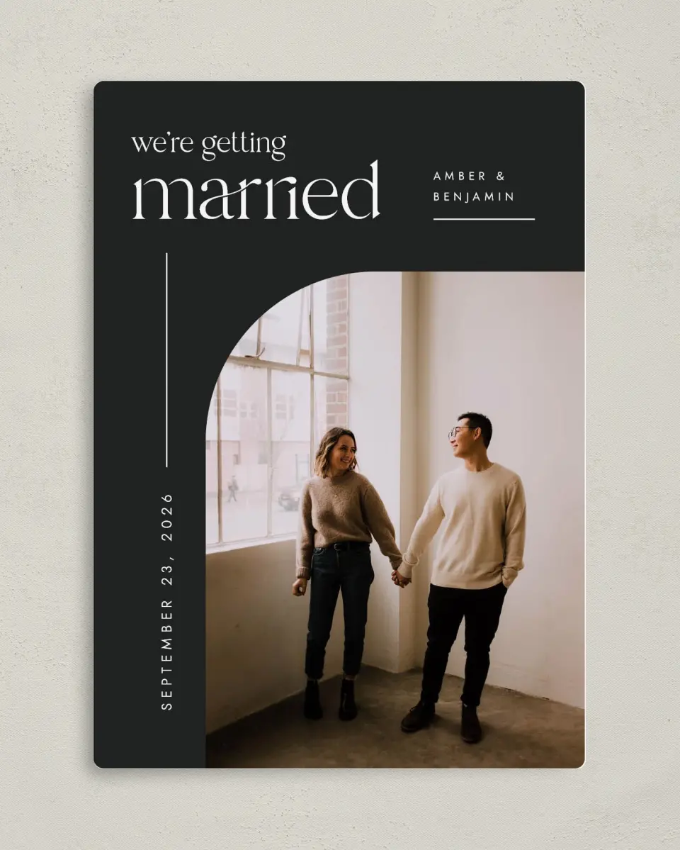 This is a 5" x 7" Save the Date Magnet called Modern Marriage printed in full color with a Luxe Satin finish