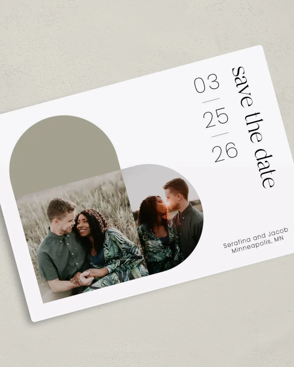This is a 5" x 7" Save the Date Magnet called Funky Heart printed in full color with Silver foil and a Luxe Satin finish