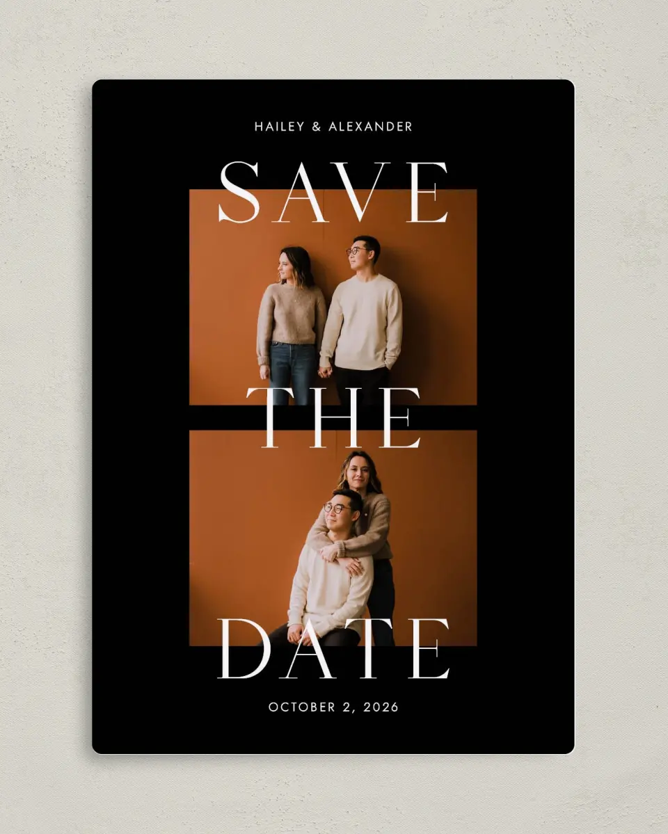 This is a 5" x 7" Save the Date Magnet called Bold Devotion printed in full color with a Luxe Satin finish