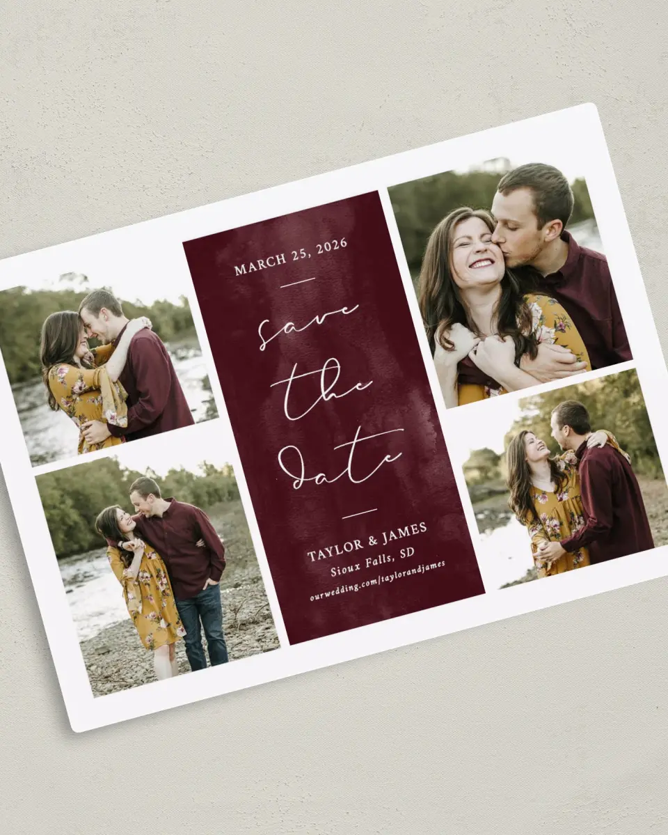 This is a 5" x 7" Save the Date Magnet called Watercolor Collage printed in full color with Silver foil and a Luxe Satin finish