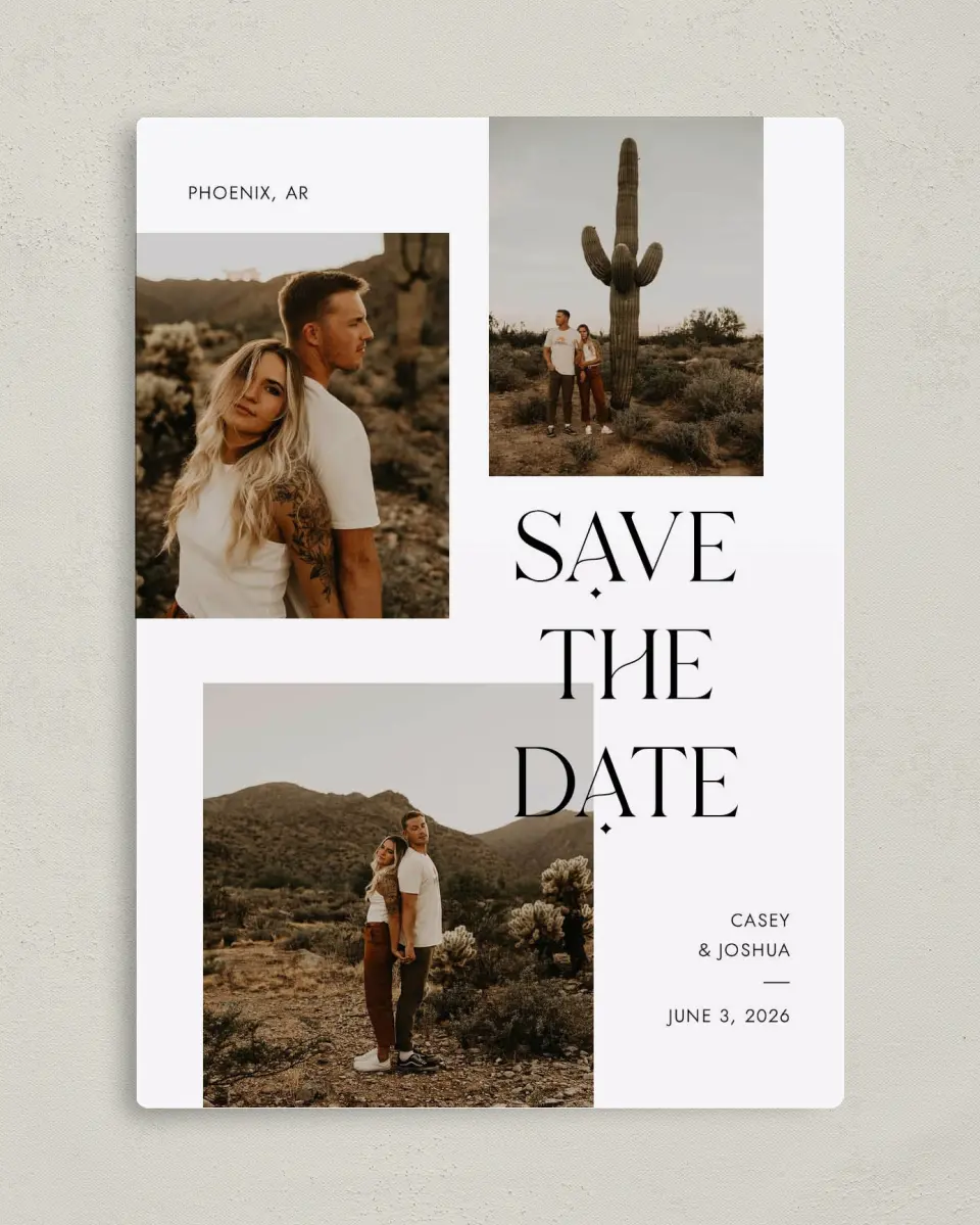 This is a 5" x 7" Save the Date Magnet called Forever Fun printed in full color with Silver foil and a Luxe Satin finish