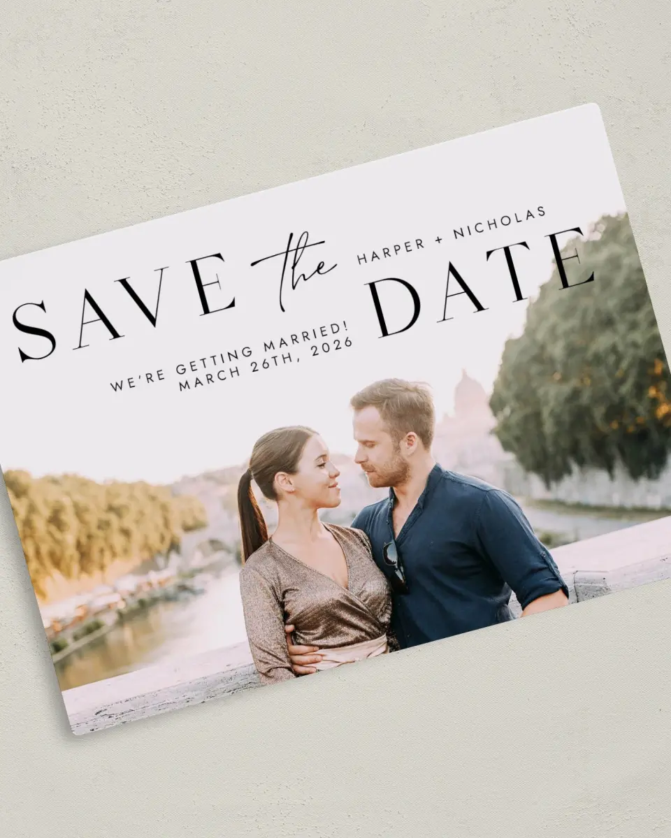 This is a 5" x 7" Save the Date Magnet called Spacious Idea printed in full color with a Luxe Satin finish