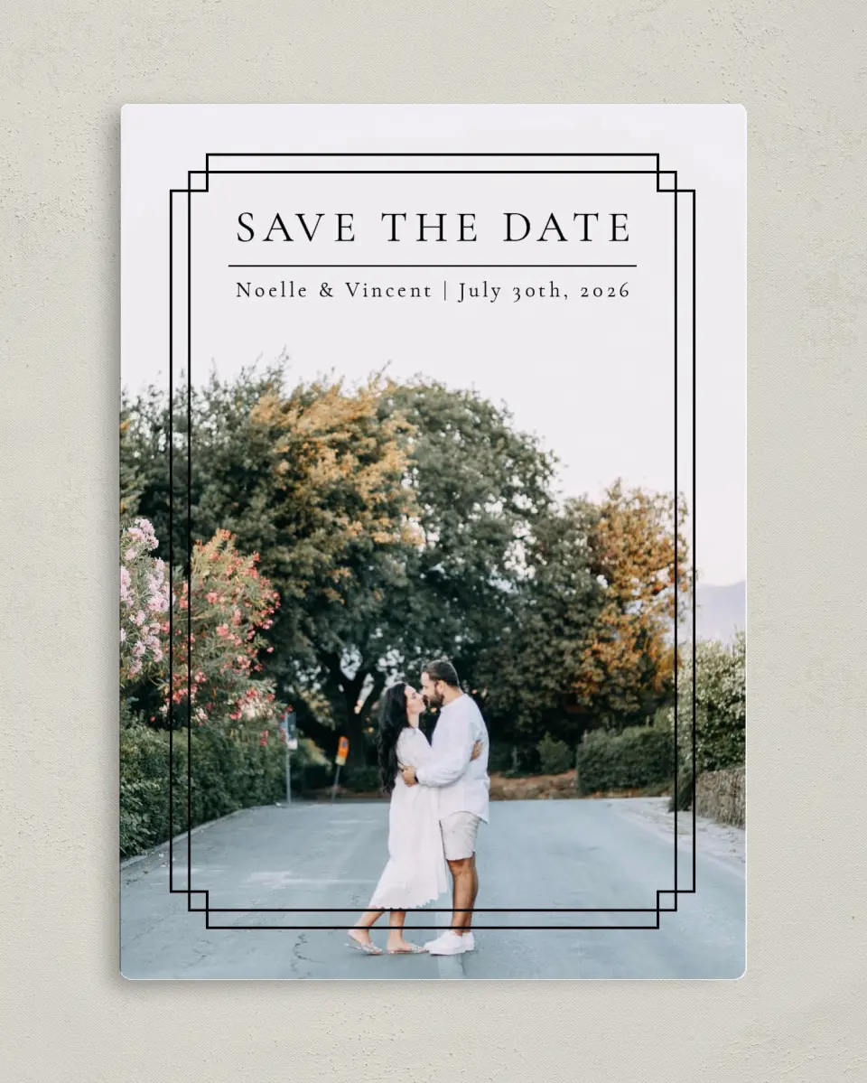 This is a 5" x 7" Save the Date Magnet called Exemplary Detail printed in full color with a Luxe Satin finish