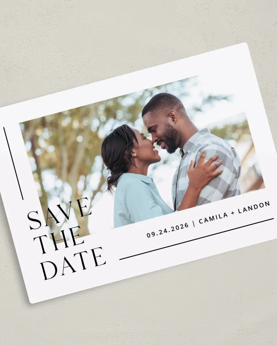 This is a 5" x 7" Save the Date Magnet called Perfect Line printed in full color with a Luxe Satin finish