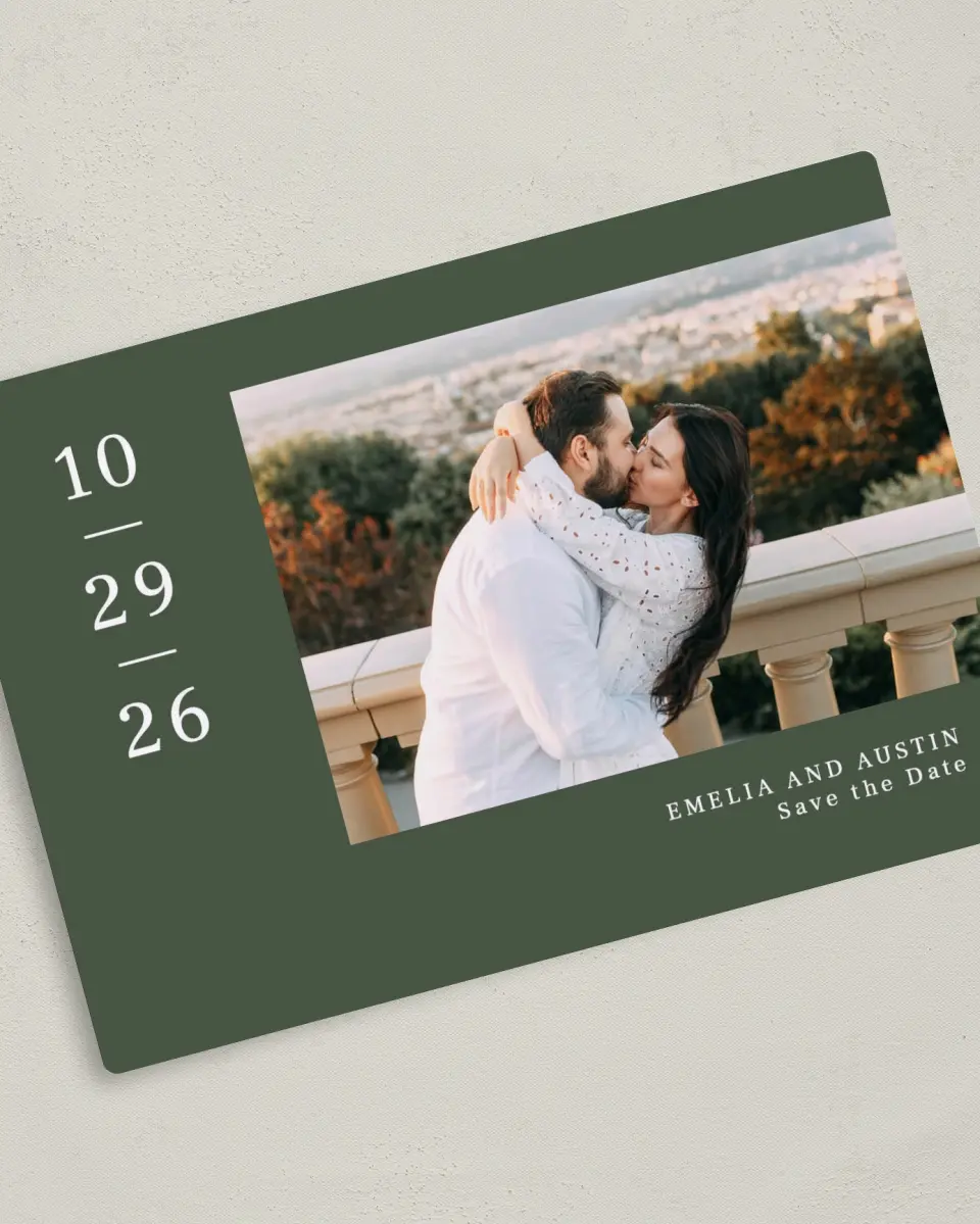 This is a 5" x 7" Save the Date Magnet called Magnificent Margin printed in full color with a Luxe Satin finish